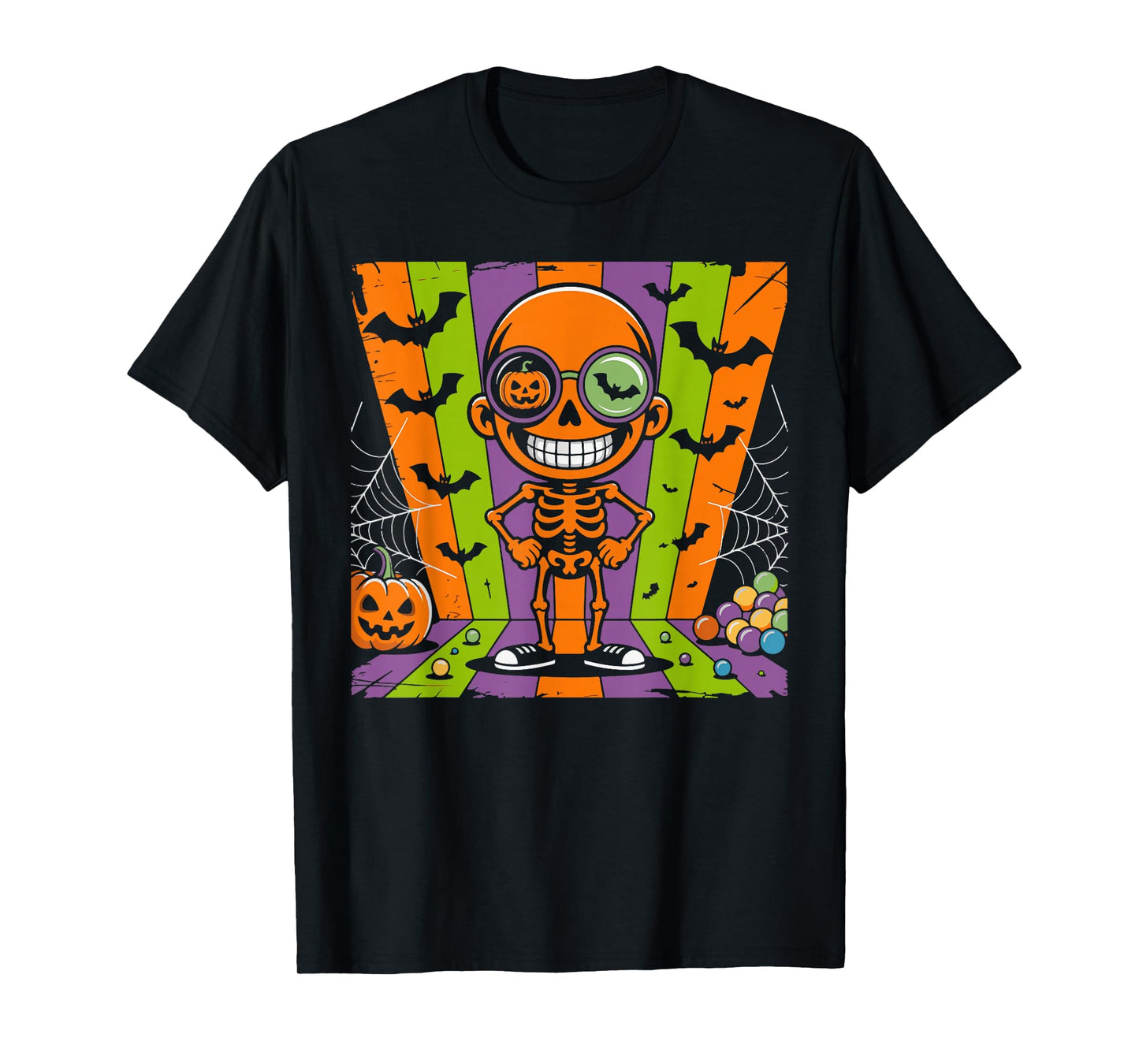 Funny Retro Skeleton with Candy Pumpkin Glasses Halloween T-Shirt