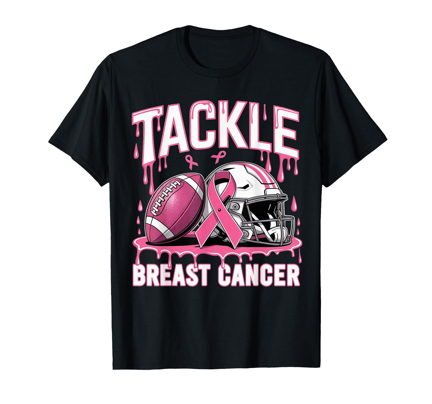 Dripping Football Pink Ribbon Tackle Breast Cancer Awareness T-Shirt