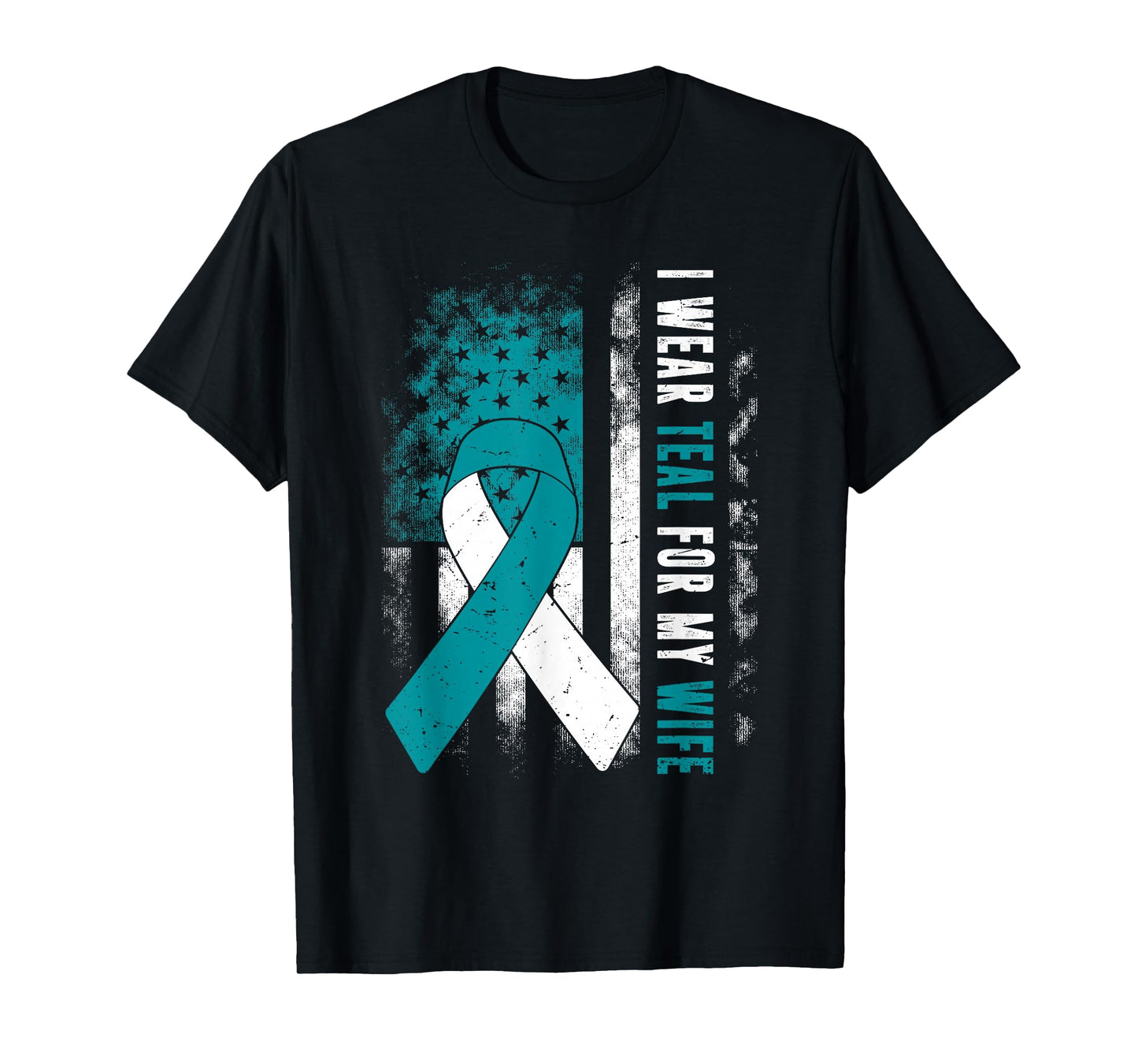 I Wear Teal For My Wife Cervical Cancer Husband USA Flag T-Shirt