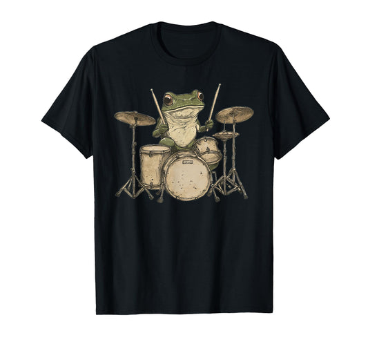 Cute Cottagecore Aesthetic Frog Playing Drums T-Shirt