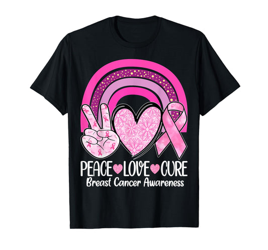 Rainbow Peace Love Cure Pink Ribbon Breast Cancer Awareness T-Shirt