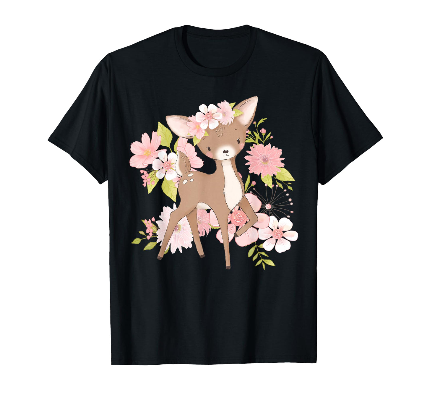 Adorable Floral Woodland Deer Harmony Cute Deer with Flowers and Blossoms T-Shirt - Black - Unisex - Kids - Short Sleeve - Modern - Animal Theme - All Seasons