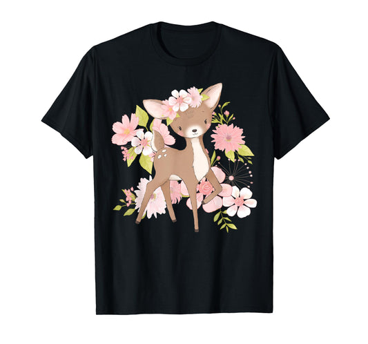 Adorable Floral Woodland Deer Harmony Cute Deer with Flowers and Blossoms T-Shirt - Black - Unisex - Kids - Short Sleeve - Modern - Animal Theme - All Seasons