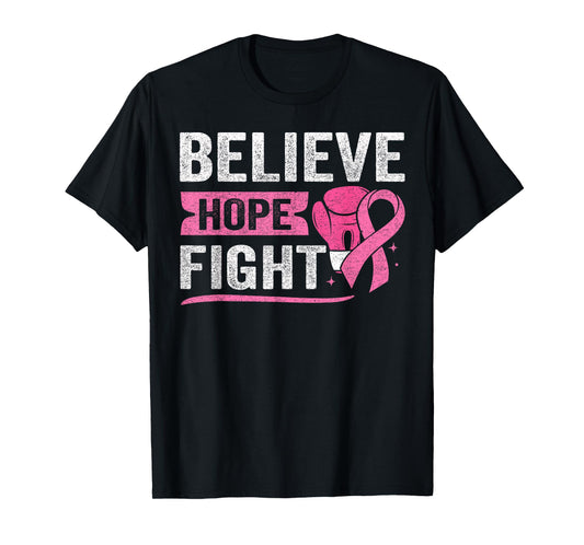 Believe Hope Fight Breast Cancer Awareness Pink Ribbon T-Shirt