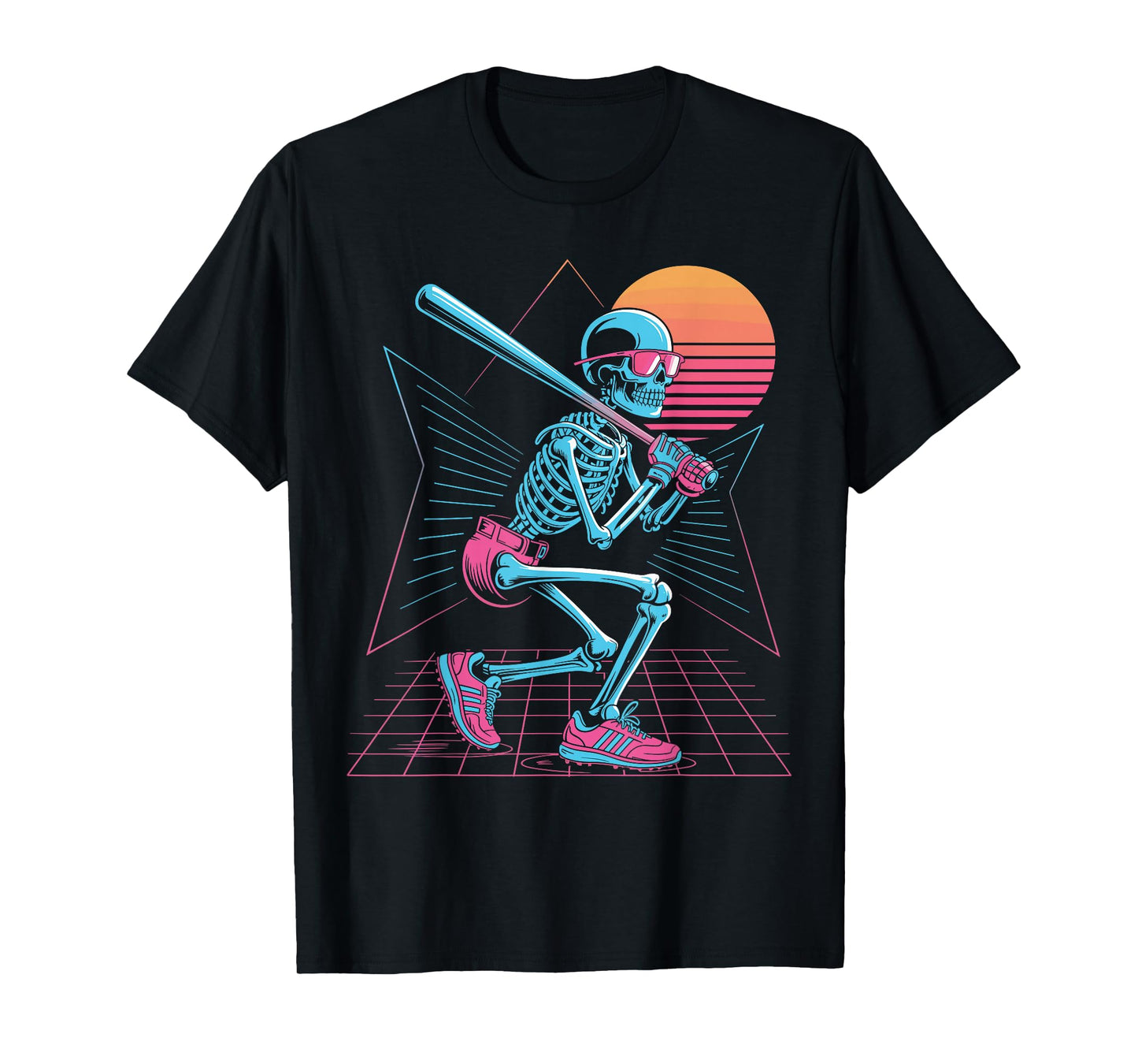 Retro 80s Skeleton Baseball Graphic Synthwave Hitter T-Shirt