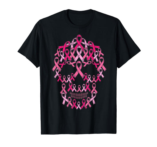 Pink Ribbon Skull Costume Cool Halloween Breast Cancer Gifts T-Shirt