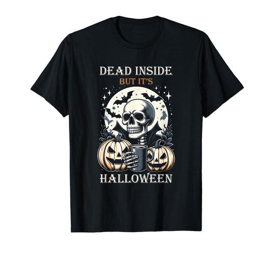 Dead-Inside But Its Halloween Spooky Skeleton Bats Pumpkin T-Shirt