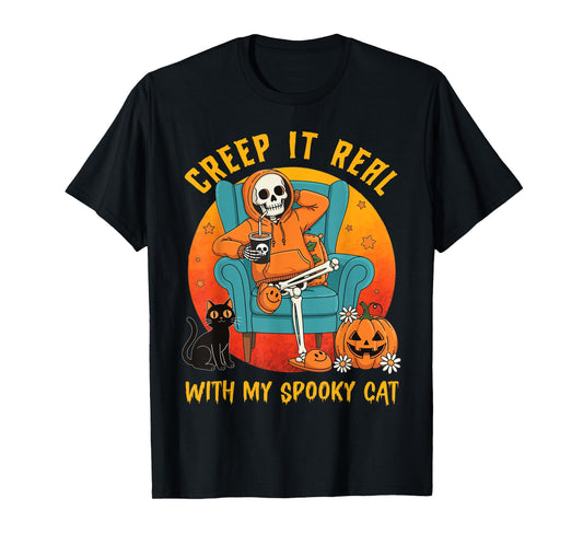 Creep It Real with My Spooky Cat Halloween Skeleton Girl Boy T-Shirt