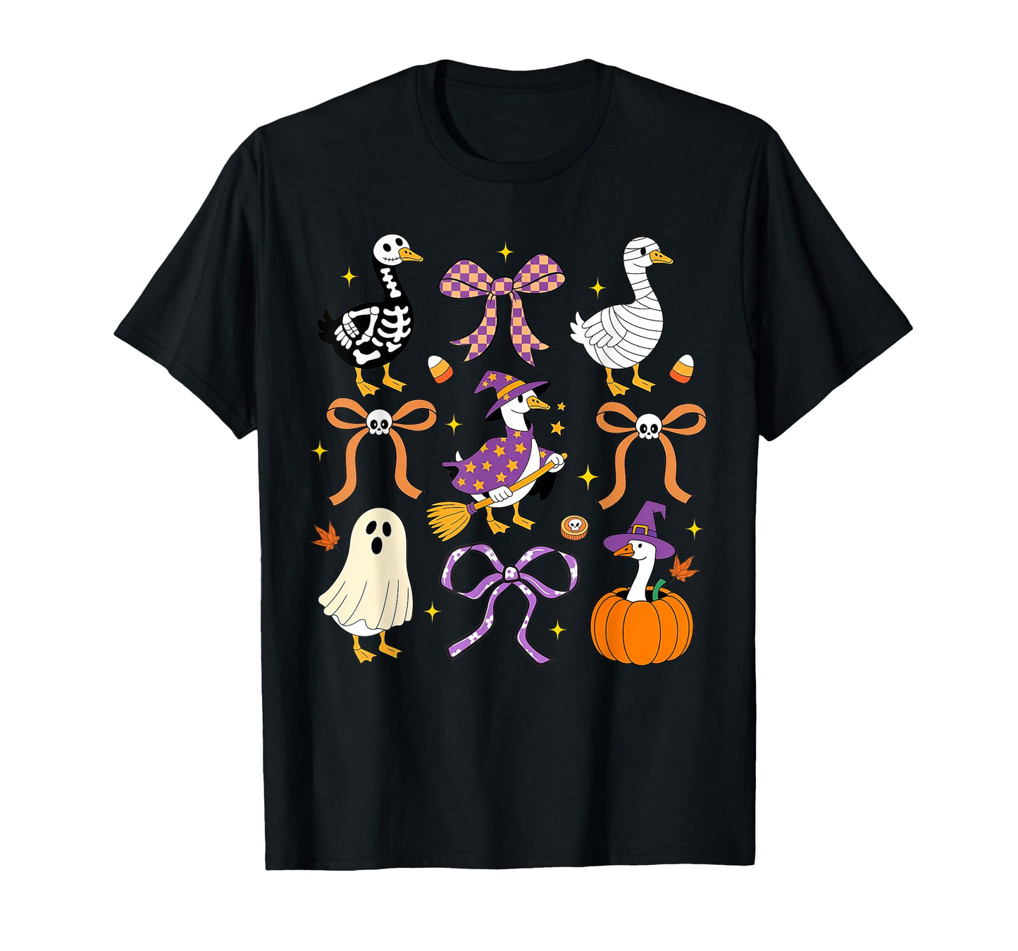 Spooky Goose Coquette Bow Pumpkin Skeleton Goose Halloween T-Shirt