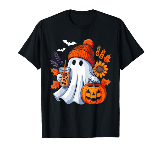 Cute Ghost Drinking Coffee Halloween Ghost Ice Coffee Womens T-Shirt