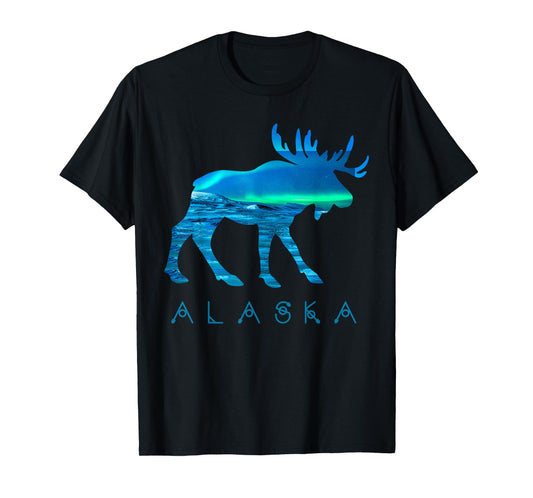 Alaskan Moose with Aurora Borealis Snow Scene T Shirt T-Shirt