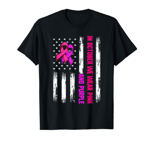 We Wear Purple And Pink In October Shirt, Flag Ribbons USA T-Shirt
