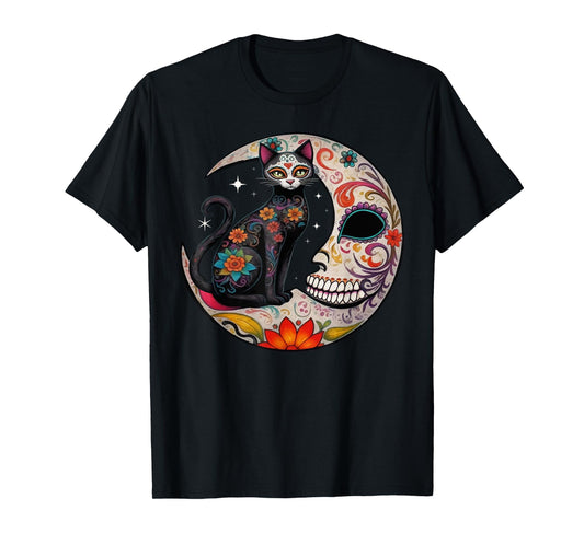 Sugar Skull Cat Moon De Los Muertos Day of Dead Halloween T-Shirt for Men Women