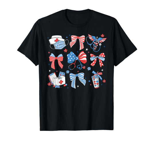 4th July Nurse Coquette Bow ICU CRNA Surgical Medical Girly T-Shirt