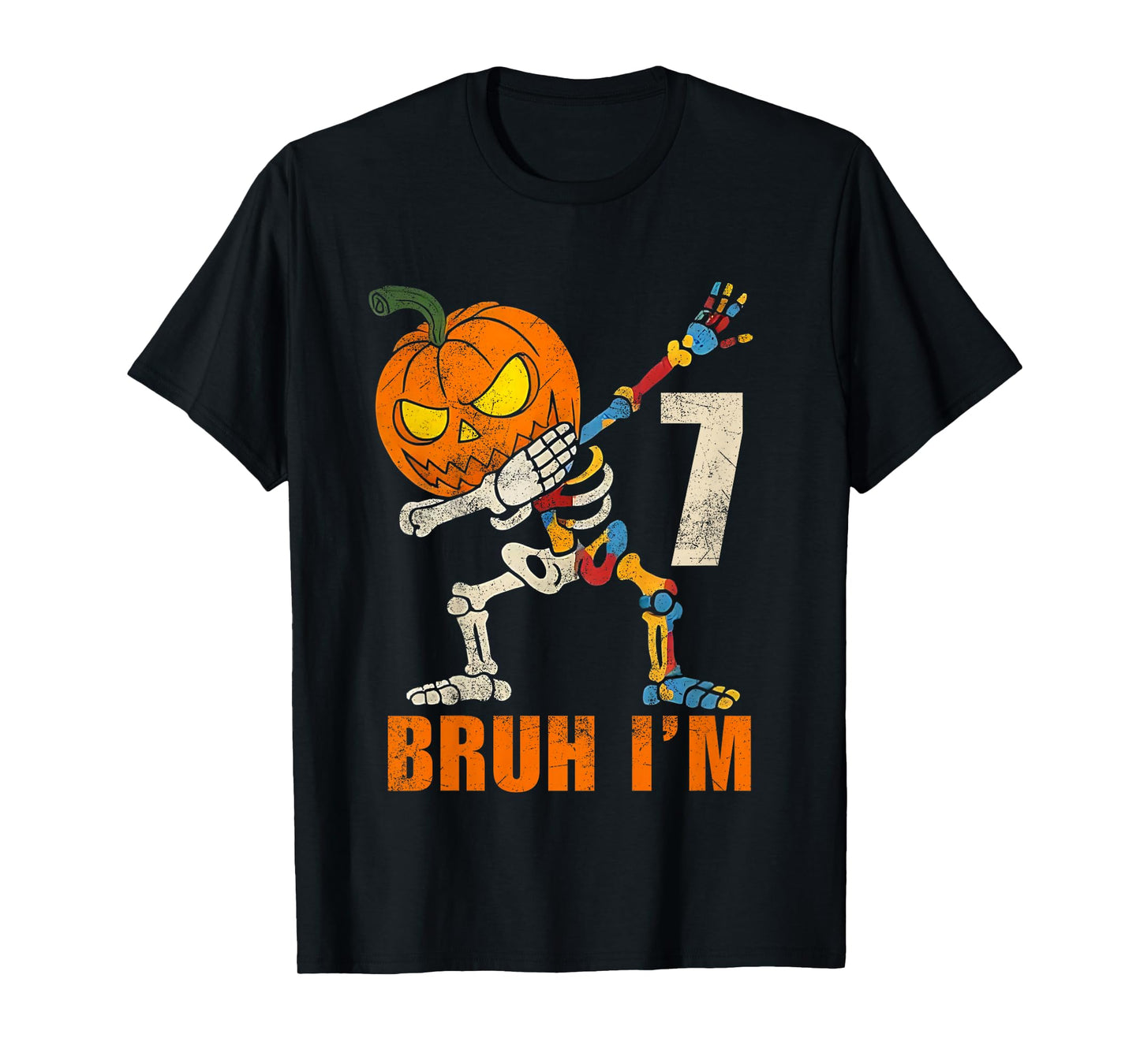 Kids Bruh I’m 7 Skeleton Autism Awareness Dabbing Halloween Boys T-Shirt