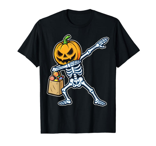 Dabbing Skeleton Pumpkin Candy Halloween T-Shirt