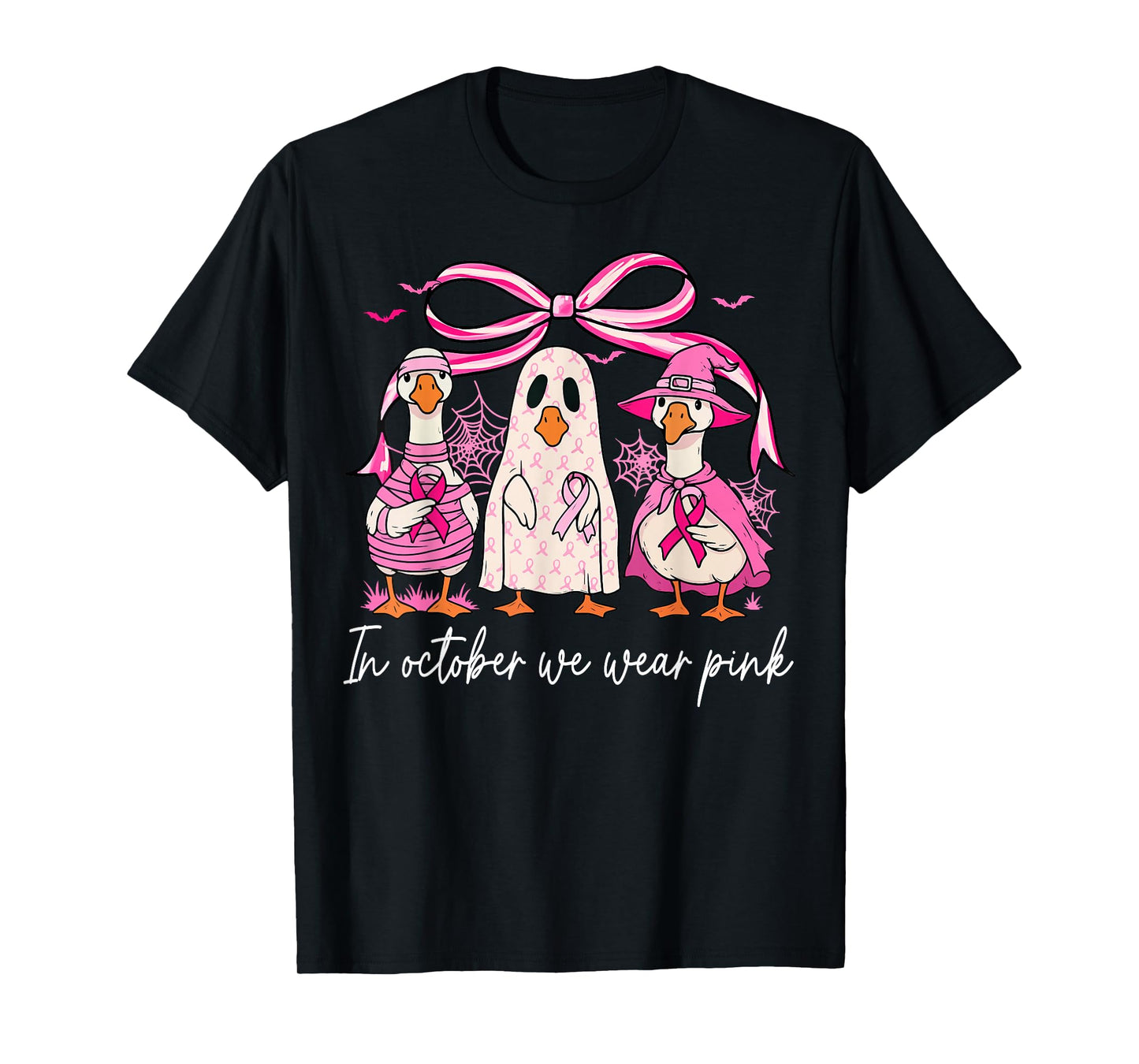 in October We Wear Pink Breast Cancer Ghost Goose Halloween T-Shirt