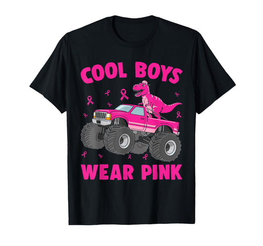 Dinosaur Monster Truck Cool Boys Wear Pink Breast Cancer T-Shirt