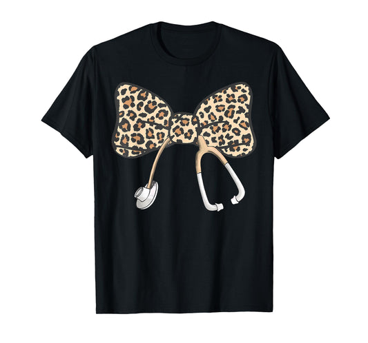 Coquette Bow Stethoscope Leopard Nurse Registered Nurse T-Shirt