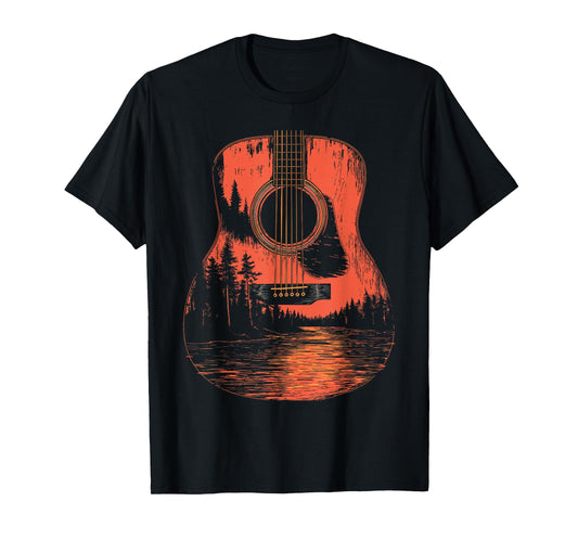 Acoustic Guitar Forest Sunset Nature Music Art T-Shirt
