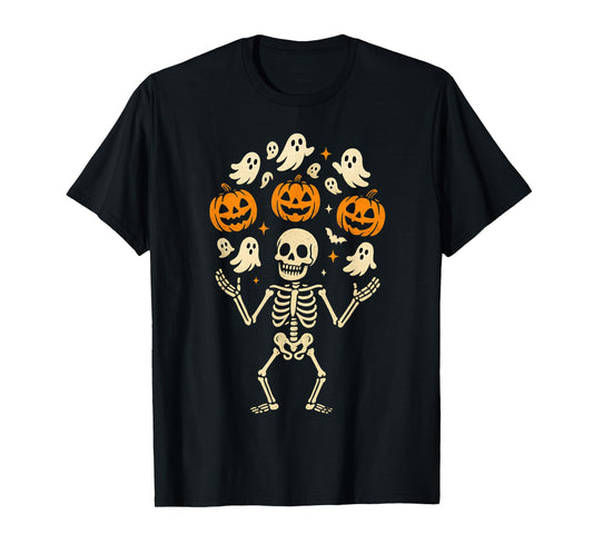 Cool Skeleton Juggling Ghosts Funny Halloween Pumpkins T-Shirt