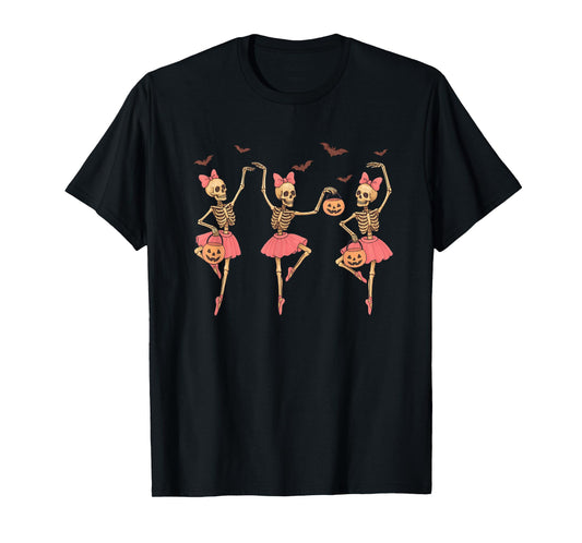 Cute Halloween Ballet Skeletons Pumpkin Ballerina Dance T-Shirt