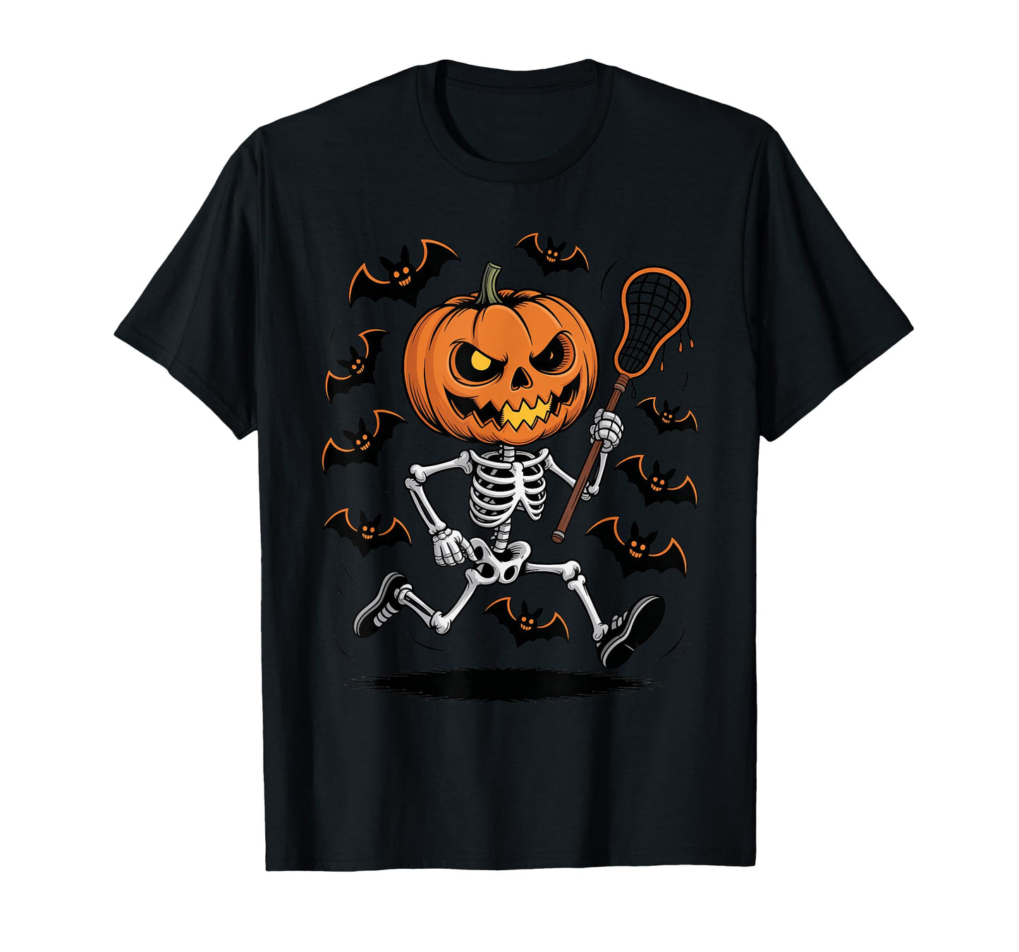 Pumpkin Skeleton Playing Lacrosse Halloween Trick or Treat T-Shirt