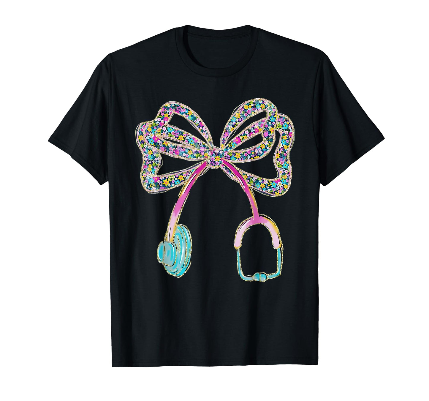 Floral Blue Coquette Bow Nurse Stethoscope Nursing Doctor T-Shirt