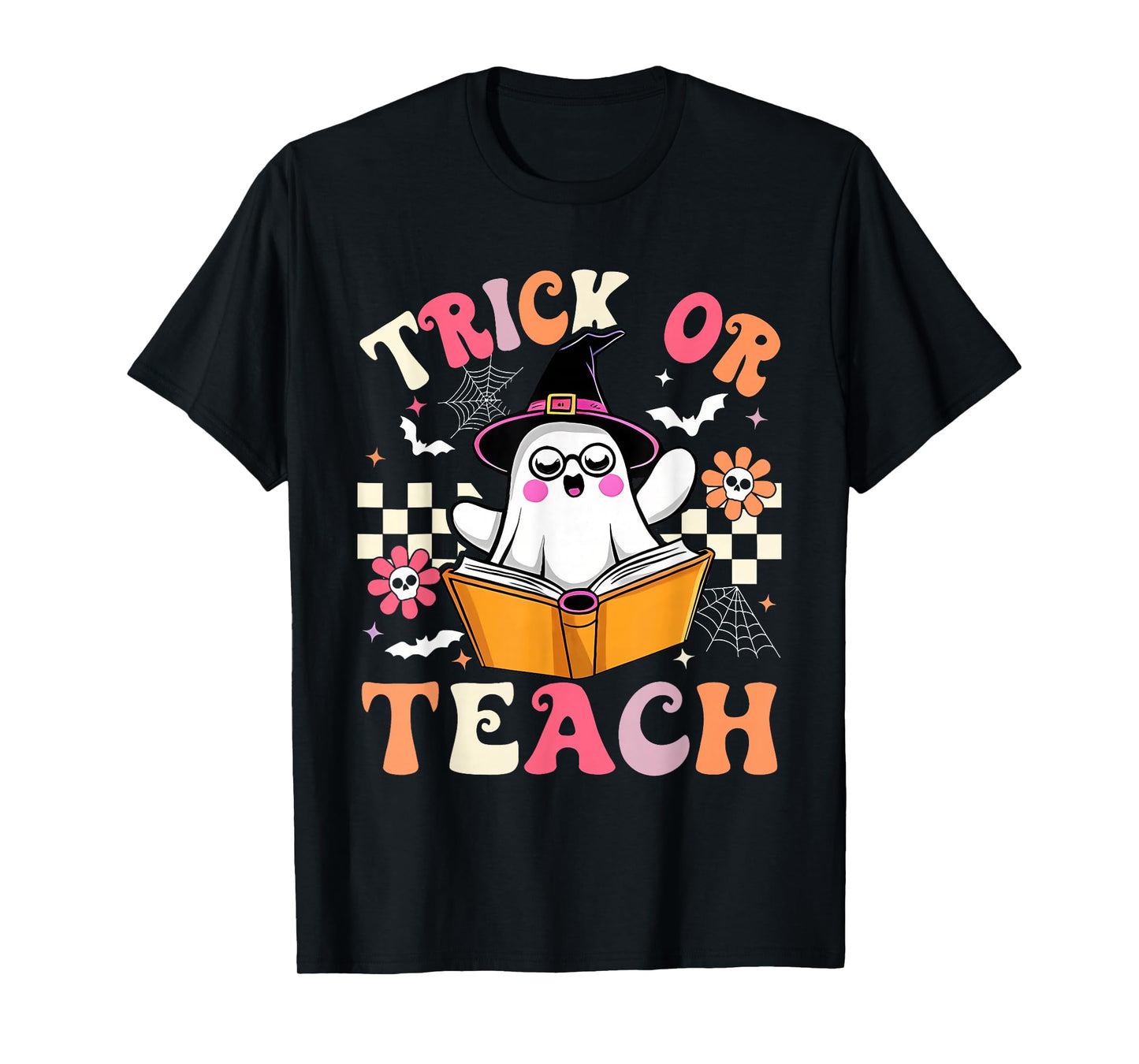Ghost Books Trick Or Teach Cute Groovy Halloween Teacher T-Shirt