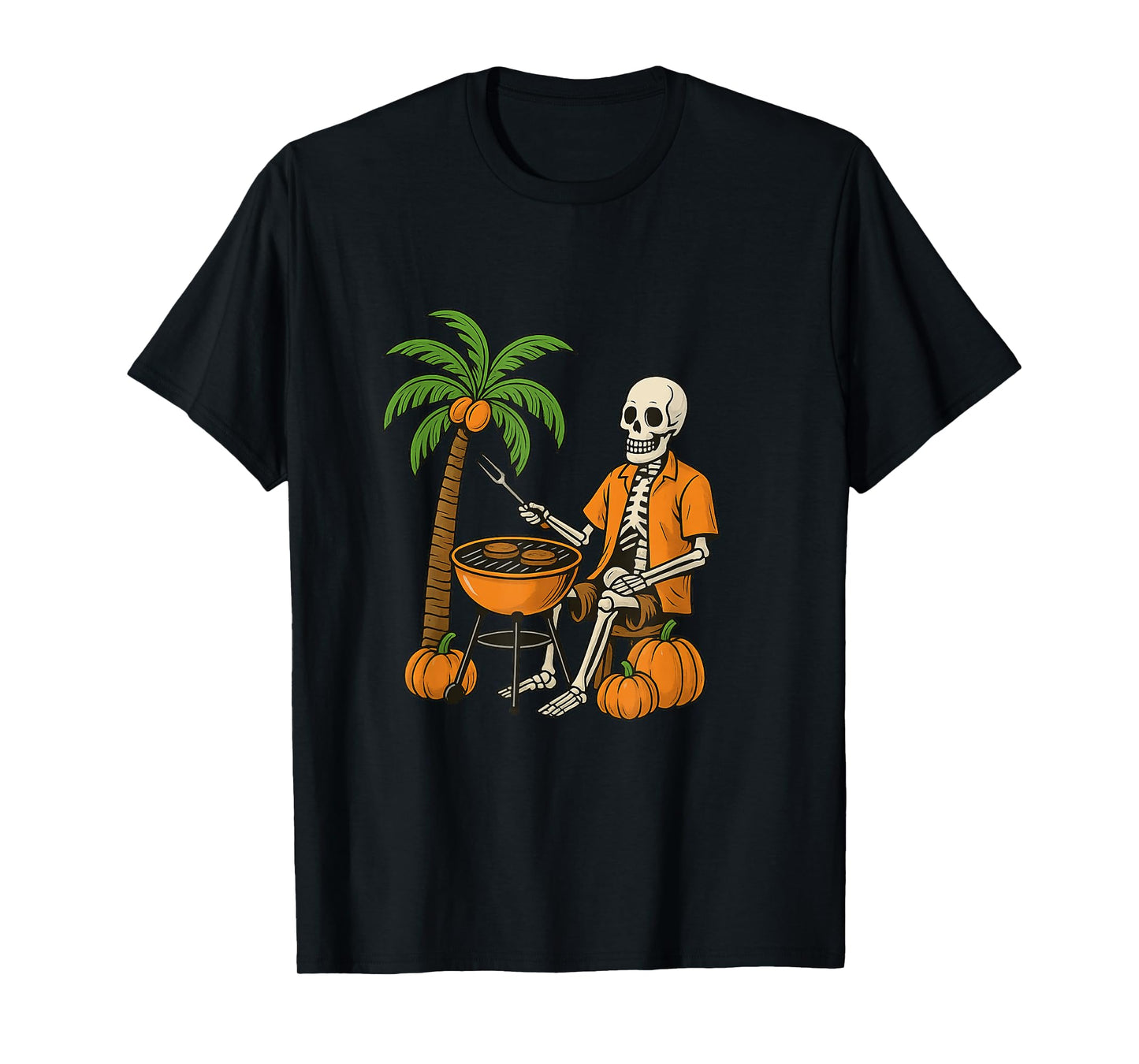 Skeleton Grilling Burgers with Pumpkins Halloween Design T-Shirt