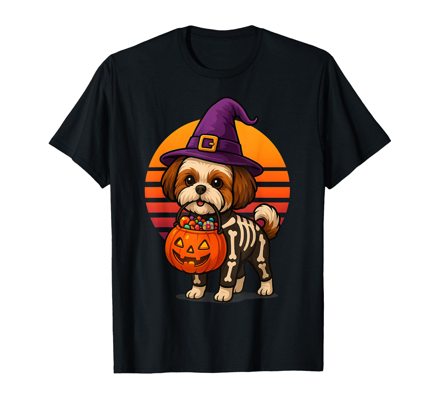 Shih Tzu Dog Halloween Spooky Skeleton Trick or Treat T-Shirt