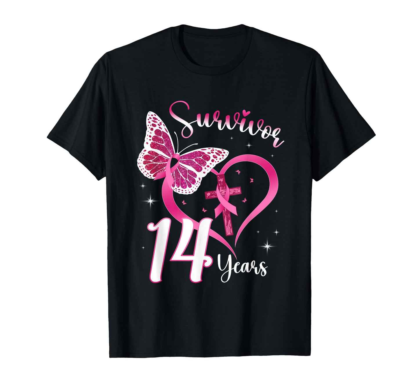 Breast Cancer Survivor Pink Ribbon Butterfly 14 Years Gift T-Shirt
