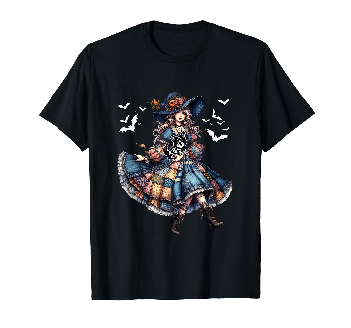 Floral Witch Hugging Corgi Cosplay Skeleton Halloween T-Shirt