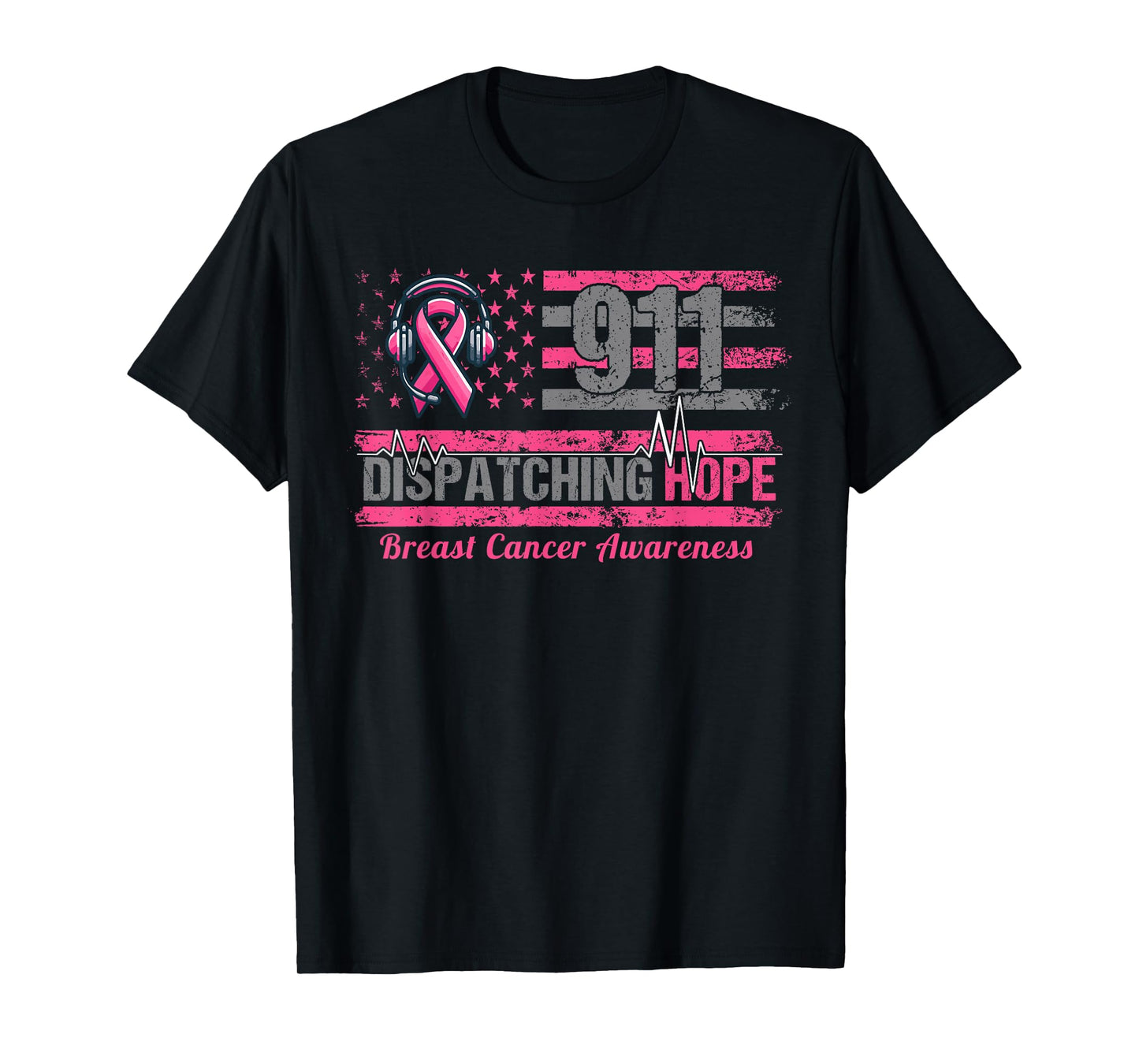 911 Dispatcher Breast Cancer Awareness American Flag T-Shirt