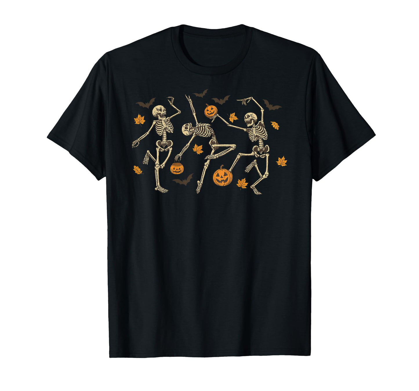 Dancing Skeletons with Pumpkins and Autumn Leaves - On Back T-Shirt