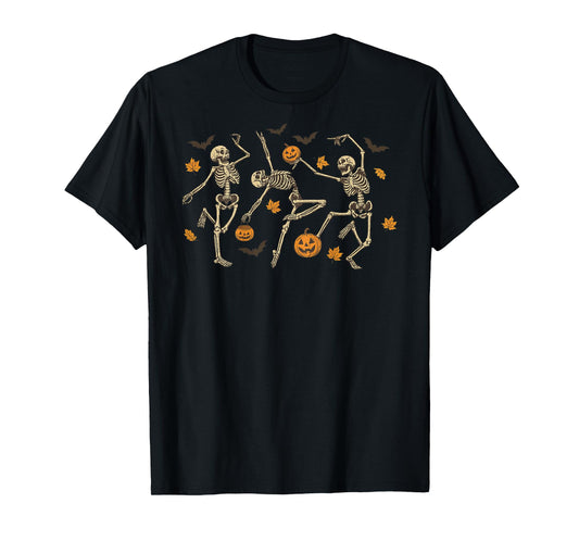 Dancing Skeletons with Pumpkins and Autumn Leaves - On Back T-Shirt