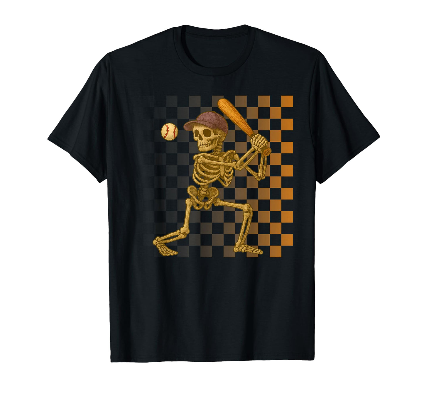 Skeleton Baseball Halloween Costume Retro Vintage Checkered T-Shirt