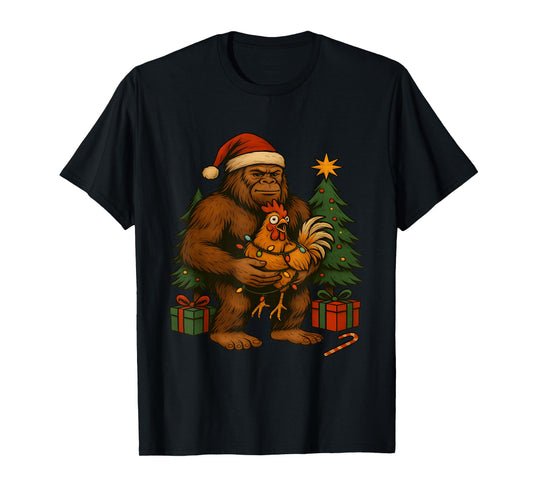 Bigfoot Holding Rooster Meme F-Caw-F Chicken Christmas T-Shirt