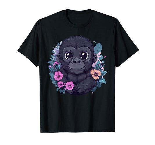 Adorable Baby Gorilla Surrounded By Flowers T-Shirt