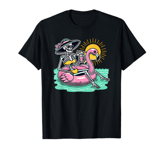 Retro Summer Skeleton Flamingo Float Vacation Beach Drink Men Women T-Shirt