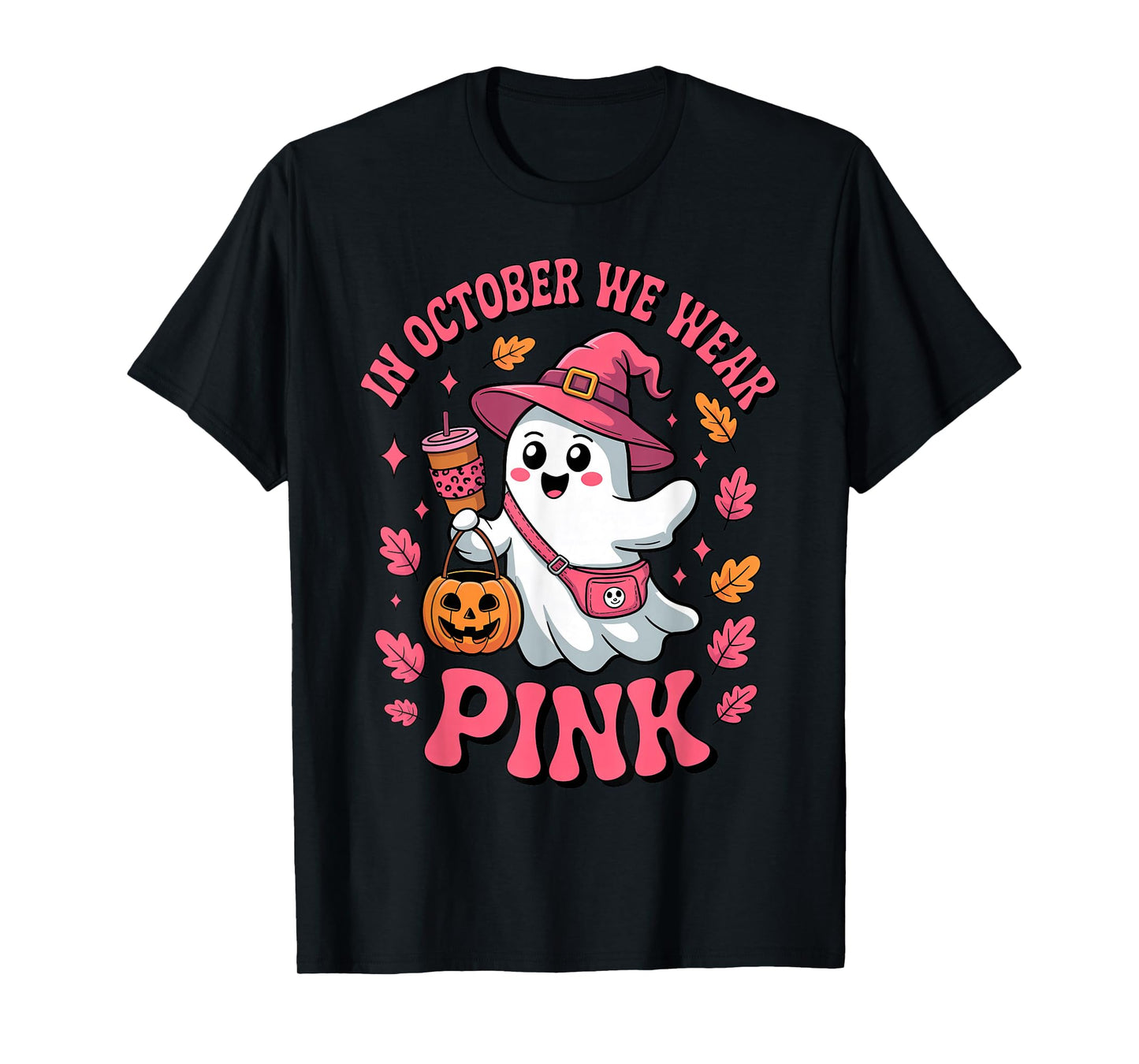 in October We Wear Pink Cute Ghost Halloween Drinking Coffee T-Shirt