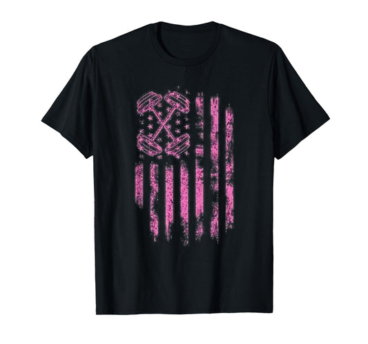 Pink Barbell American Flag Breast Cancer Awareness - Fitness Women Men T-Shirt