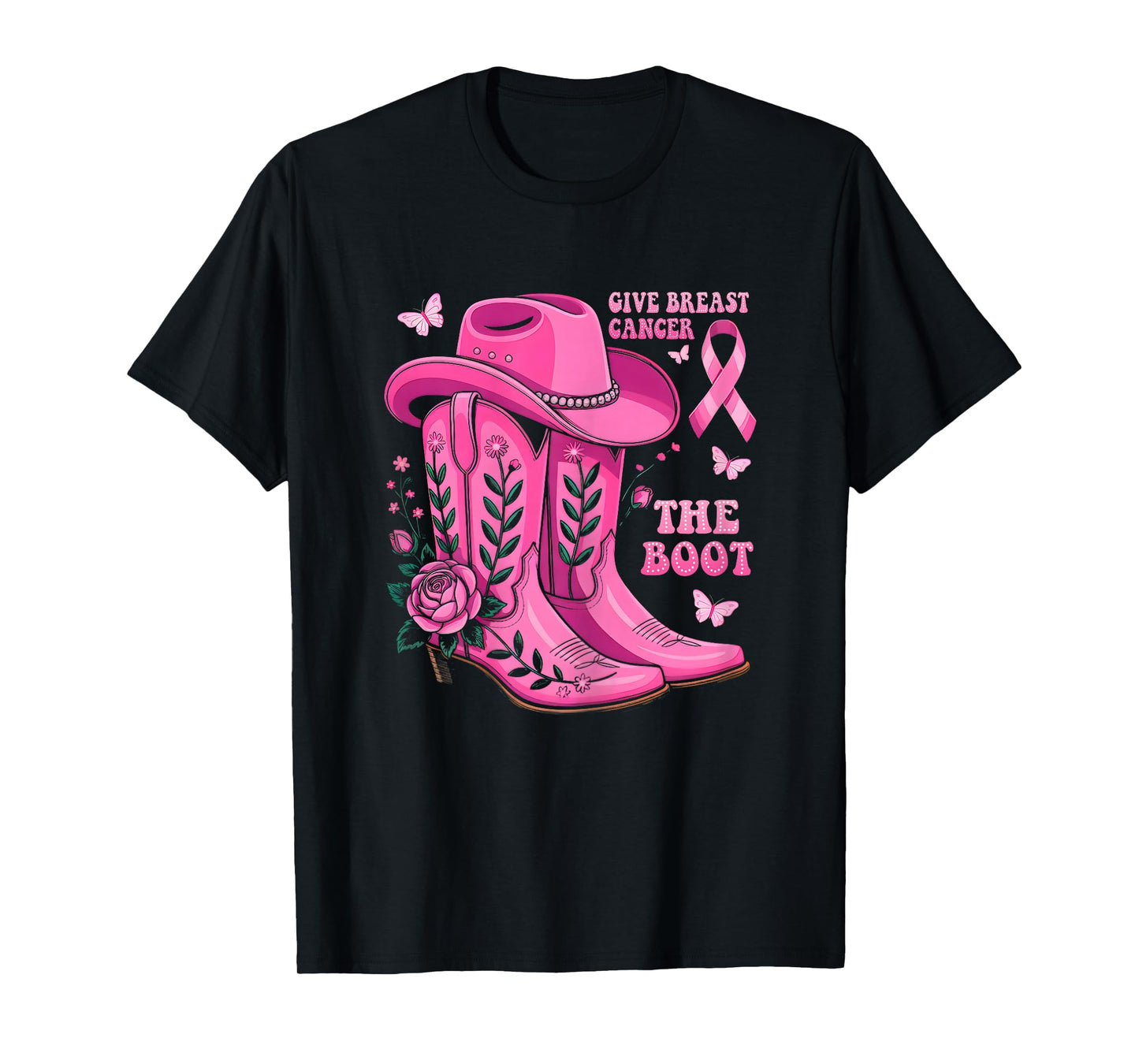 Give Breast Cancer The Boot Cowgirl Cancer Awareness Ribbon T-Shirt
