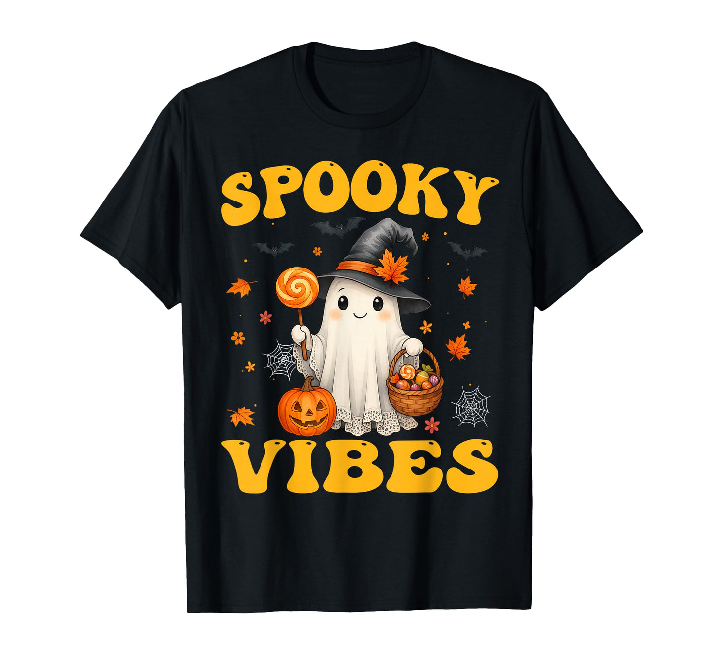 Groovy Spooky Vibes Retro Ghost Holding Pumpkin Halloween T-Shirt
