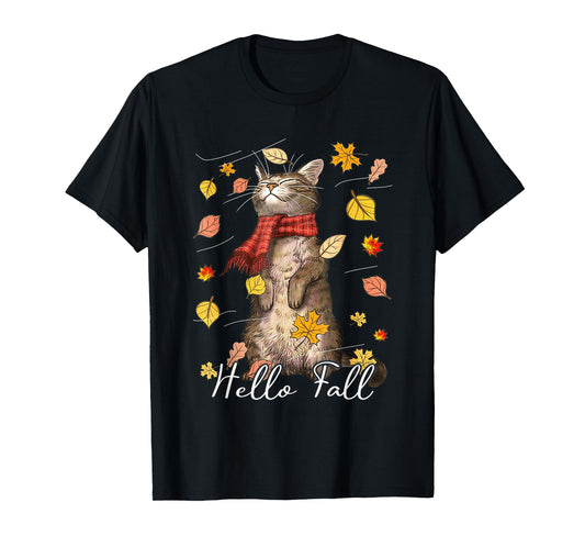 Hello Fall Cat Shirt Cat Autumn Leaves Kitten Lover Men Women Kids T-Shirt