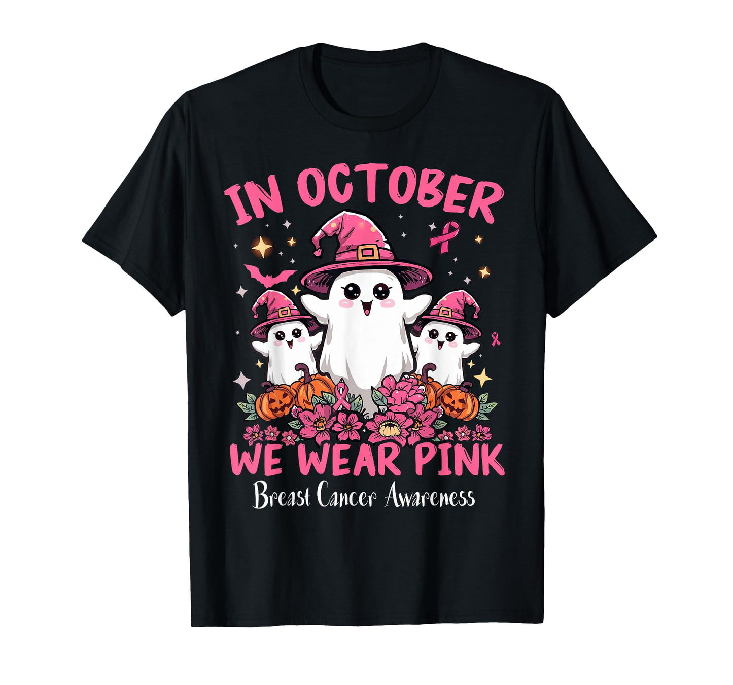 in October We Wear Pink Breast Cancer Awareness Ghost Ribbon T-Shirt