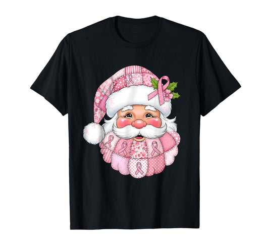 Pink Patchwork Santa Breast Cancer Awareness Christmas T-Shirt