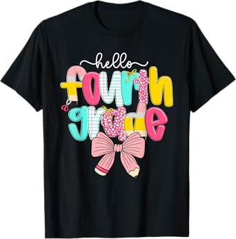 Preppy Hello 4th Grade Teacher Coquette Bow Back To School T-Shirt