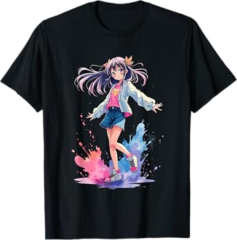 Anime Splash Girl Watercolor Art T-Shirt