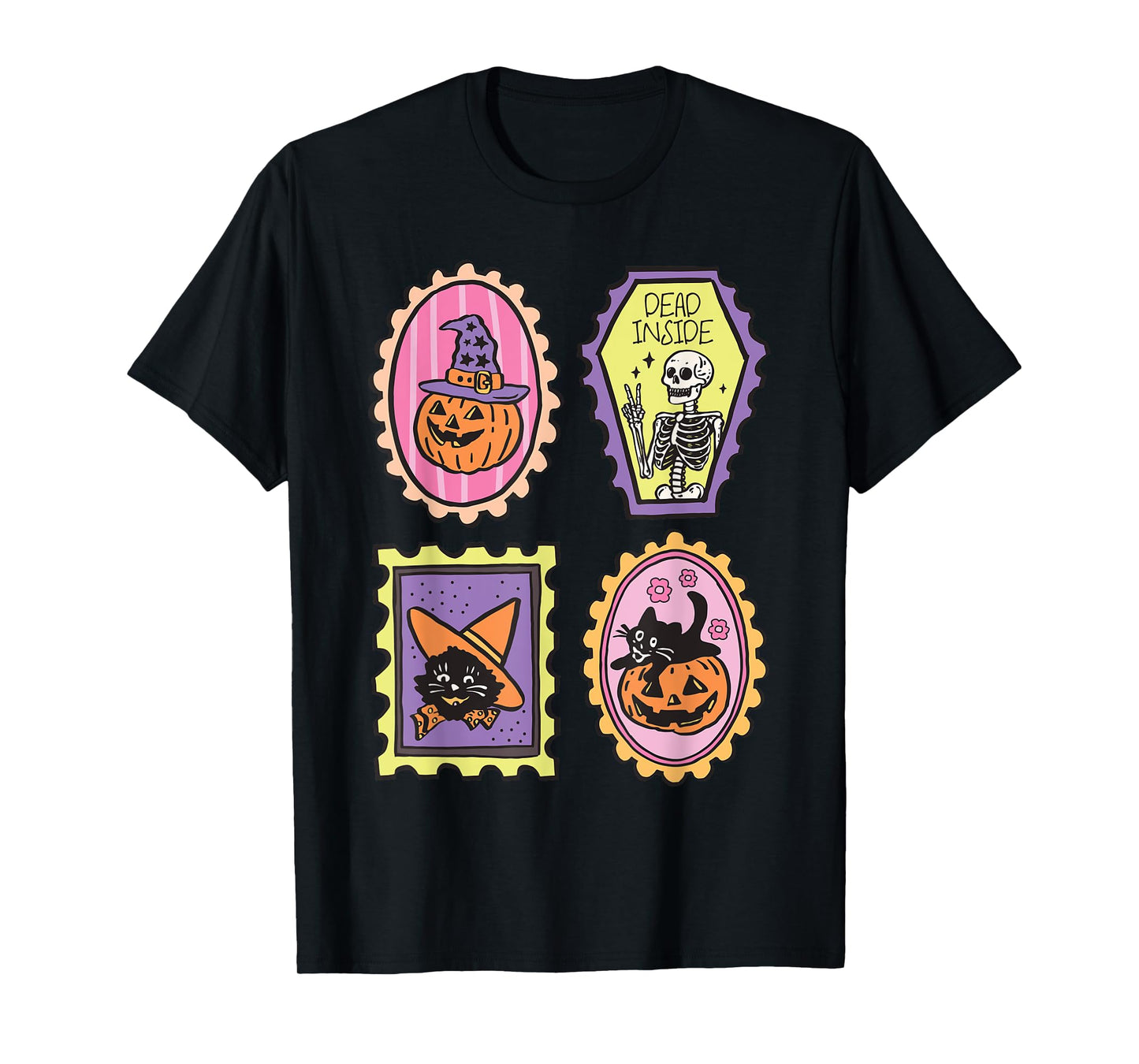 Vintage Halloween Retro Skeleton Pumpkin Black Cat Stamp T-Shirt